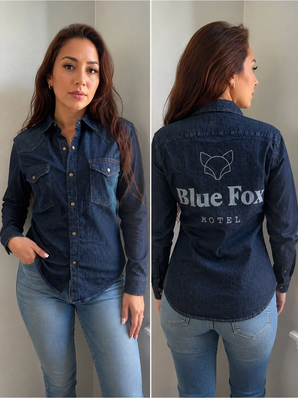 Wrangler blue fox motel western denim snap shirt women’s small